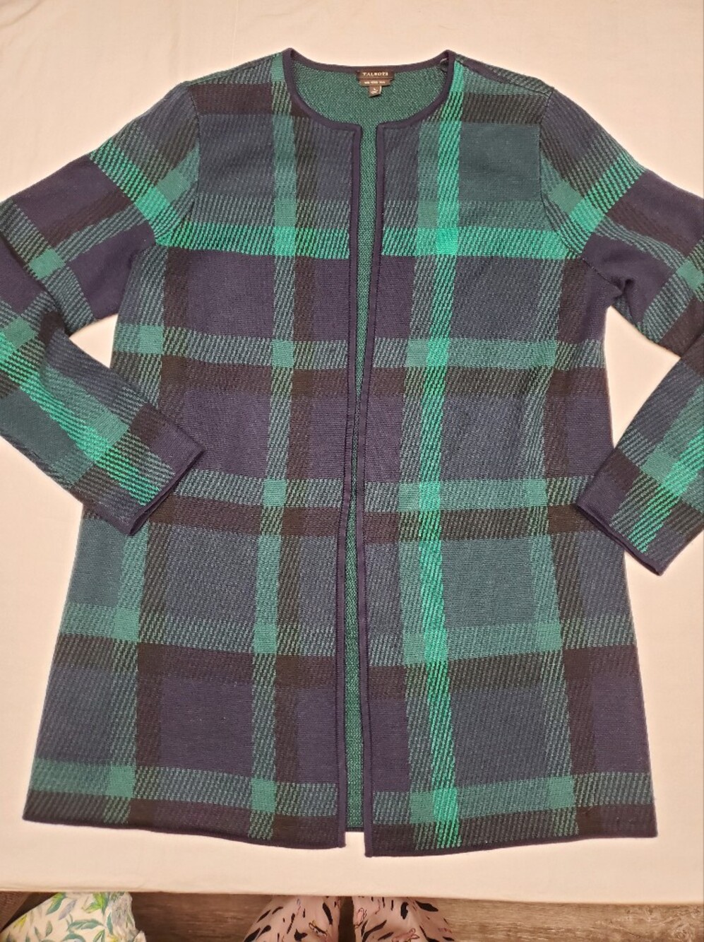 Talbots Pure Merino Wool Plaid Zip Cardigan Sweater | Size Large | Navy Green |